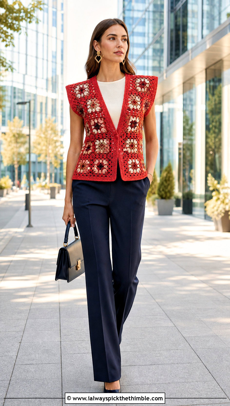 Blazer Cut Granny Square Waistcoat With Navy Trousers - 25 granny square waistcoat outfit ideas