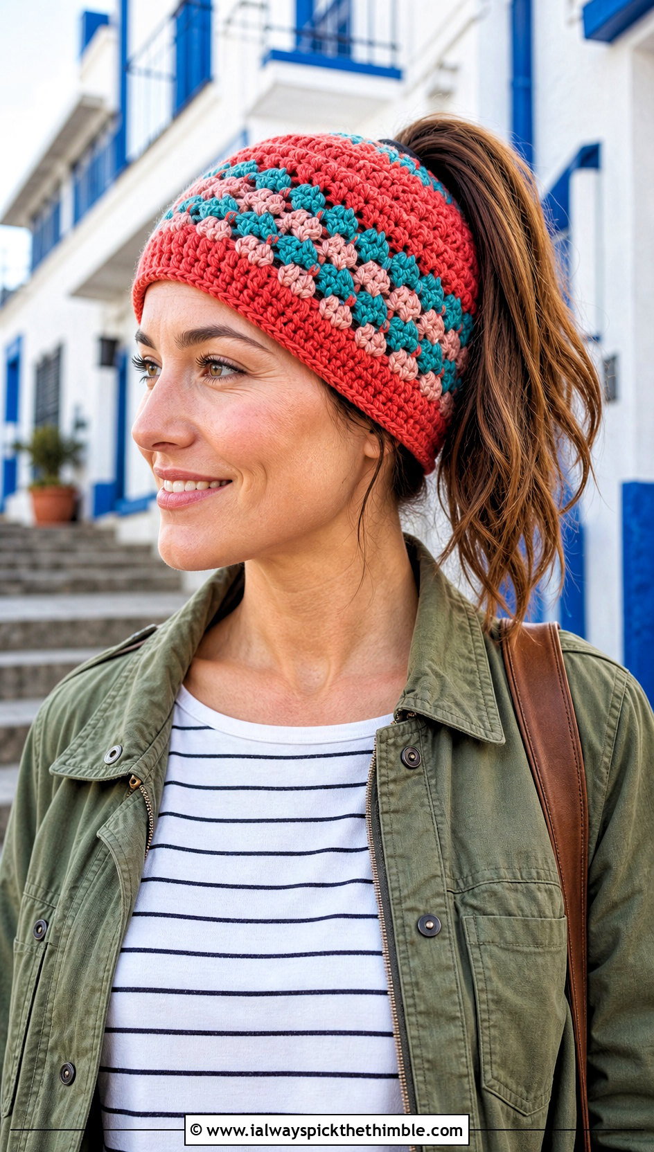 Block Stitch Bun Crochet Beanie With Utility Jacket And Chinos - 20 Bun Crochet Beanie outfit ideas