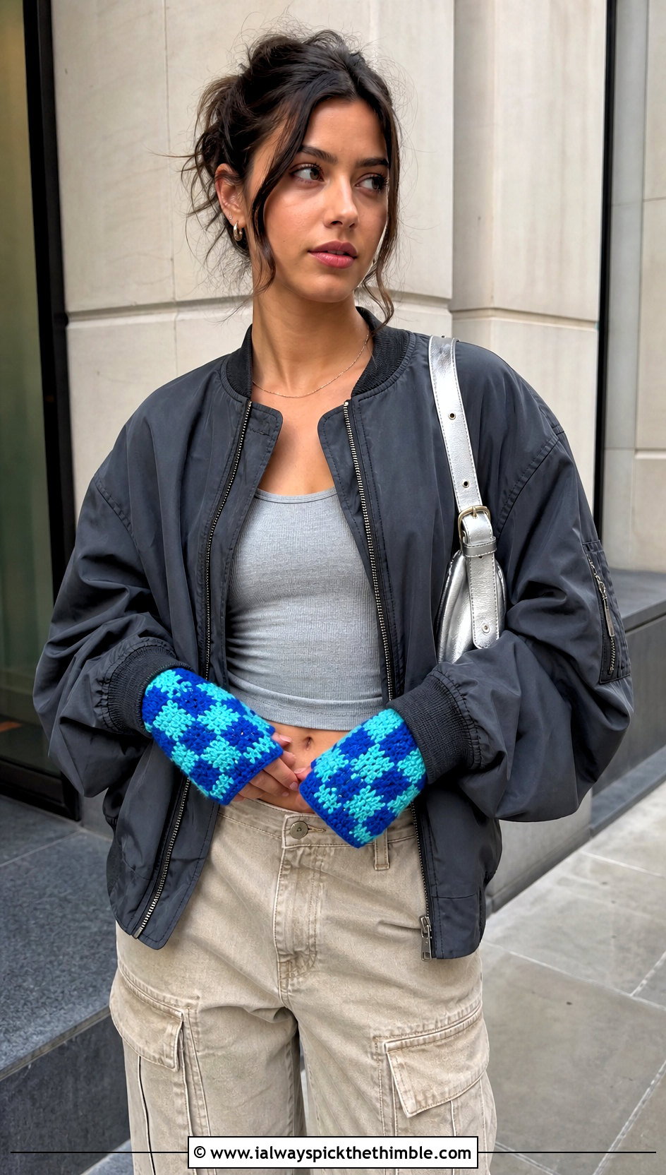 Block Stitch Fingerless Gloves With Cargo Pants - 20 finger less crochet gloves outfit ideas