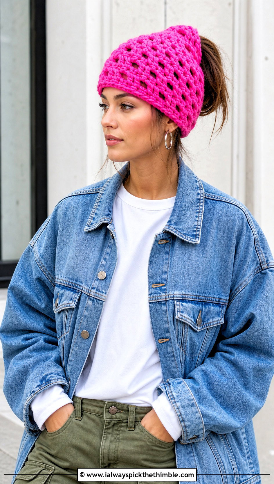 Block Stitch Messy Bun Crochet Hat With Denim Jacket - 25 crochet messy bun hat outfit ideas