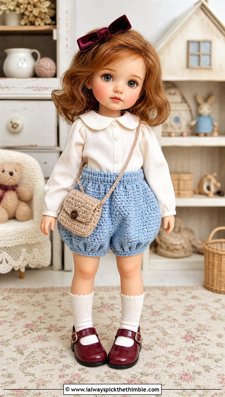 Bloomer Crochet Doll Shorts With Peter Pan Collar Blouse - 20 crochet doll shorts outfit ideas