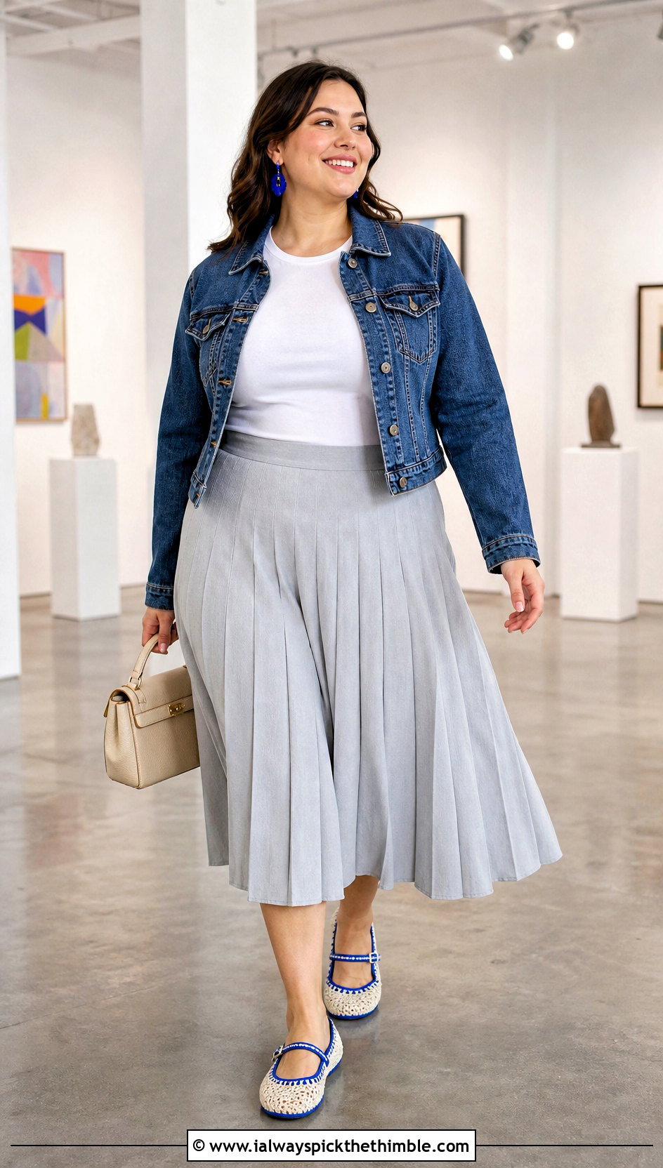 Blue And Beige Crochet Mary Jane Flats With Pleated Midi Skirt - 15 Blue And Beige Crochet Shoes outfit ideas