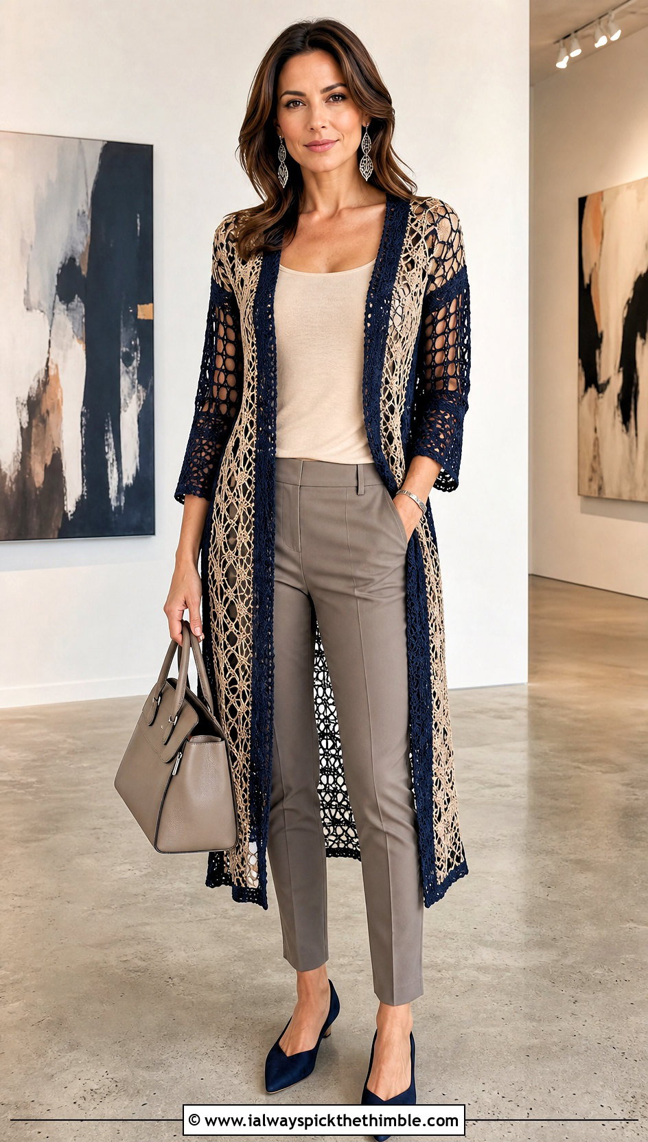 Blue And Beige Crochet Tunic Top With Slim Trousers - 15 Blue And Beige Crochet Top outfit ideas