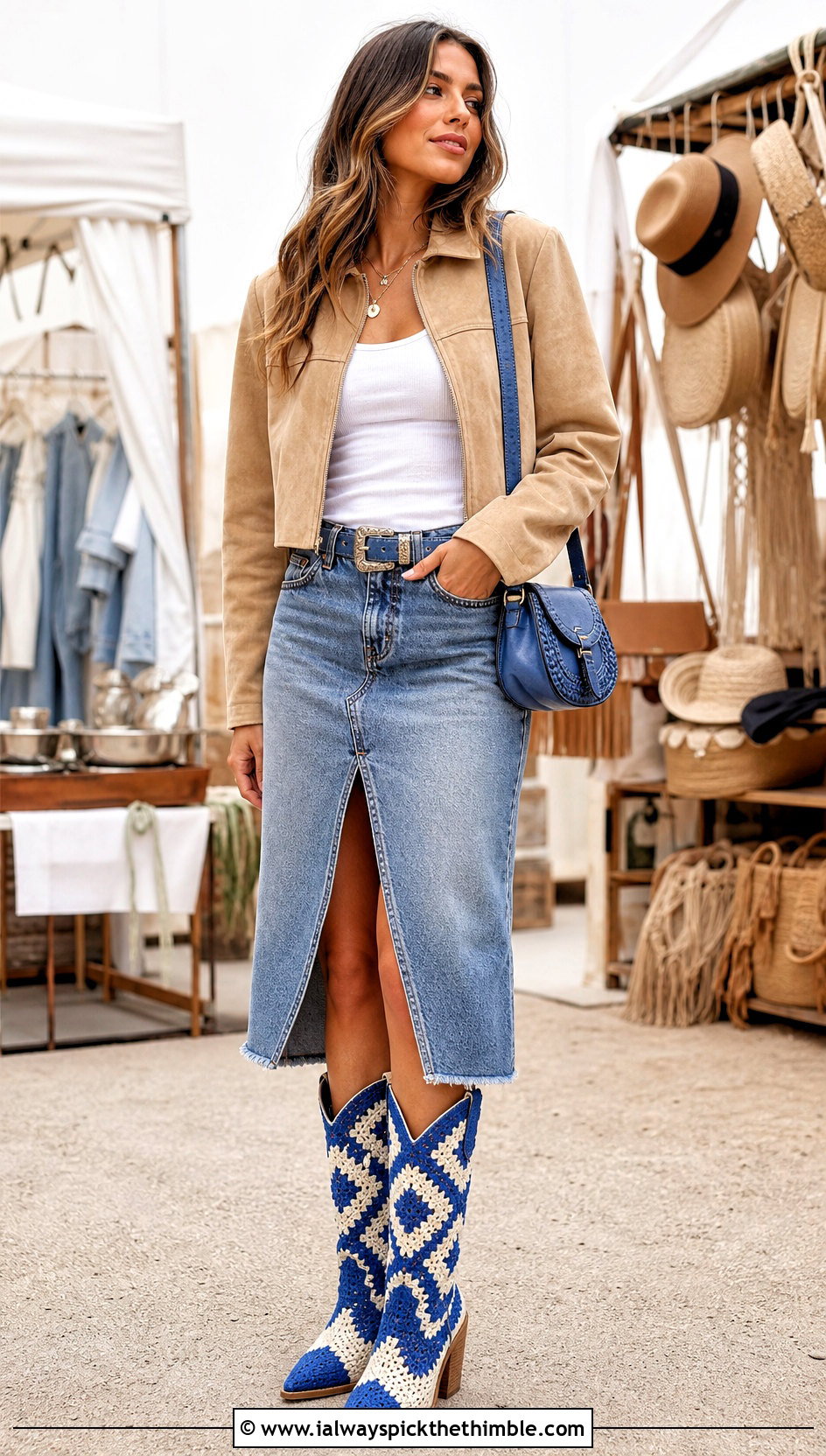 Blue And White Crochet Cowboy Boots With Denim Midi Skirt - 15 Blue And White Crochet Boots outfit ideas