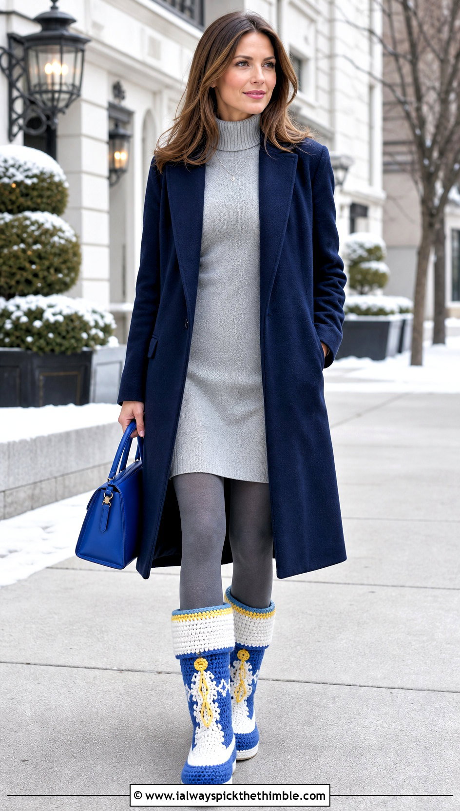 Blue And White Fold Over Crochet Boots With Sweater Dress - 15 Blue And White Crochet Boots outfit ideas