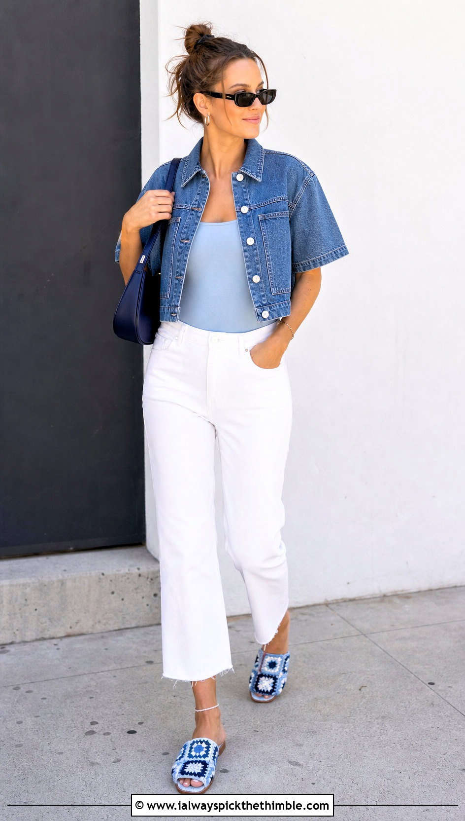 Blue And White Granny Square Crochet Sandals With A Denim Set - 15 Blue And White Crochet Sandals outfit ideas