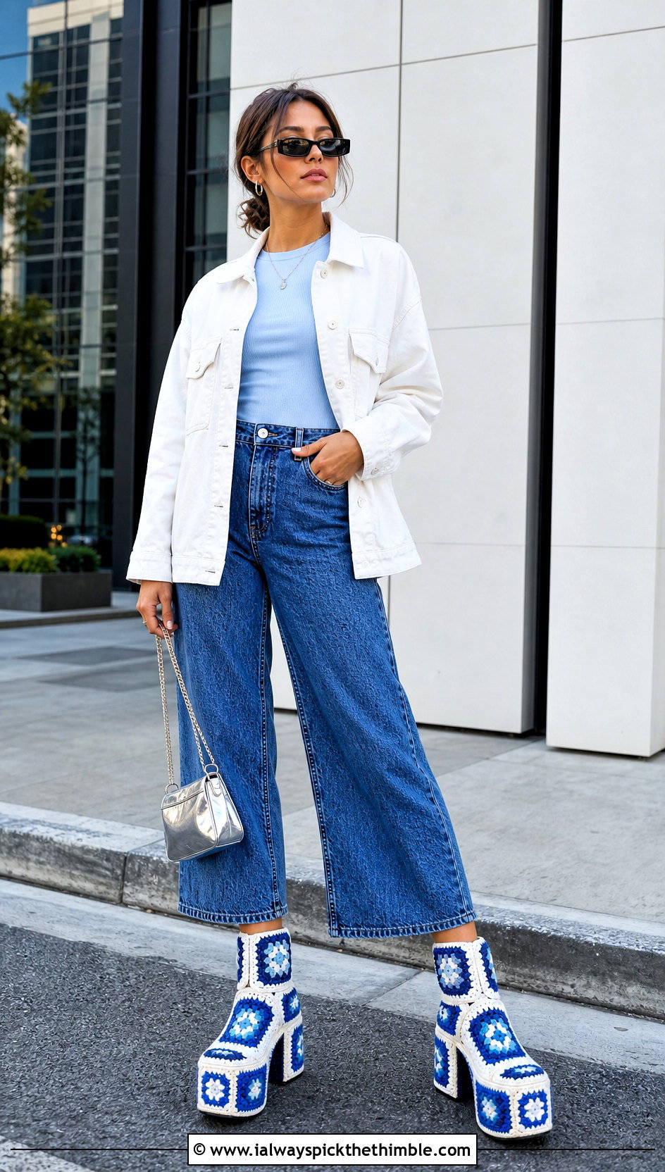 Blue And White Granny Square Platform Boots With Wide Leg Jeans - 15 Blue And White Crochet Boots outfit ideas