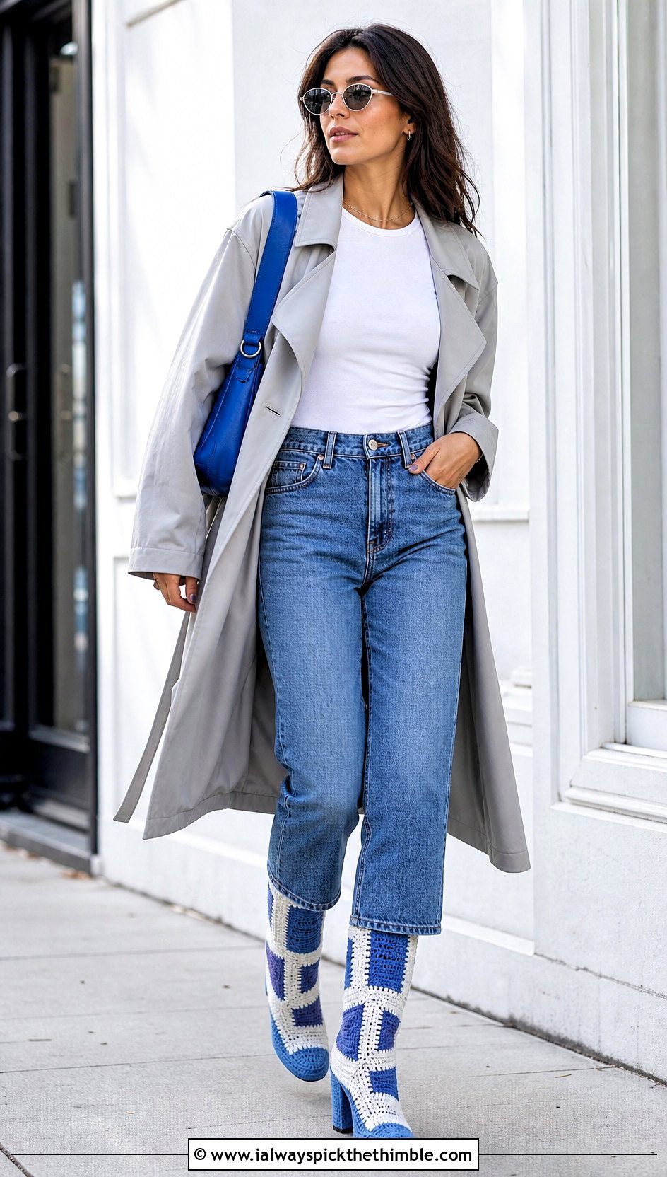 Blue And White Patchwork Crochet Boots With Trench Coat - 15 Blue And White Crochet Boots outfit ideas