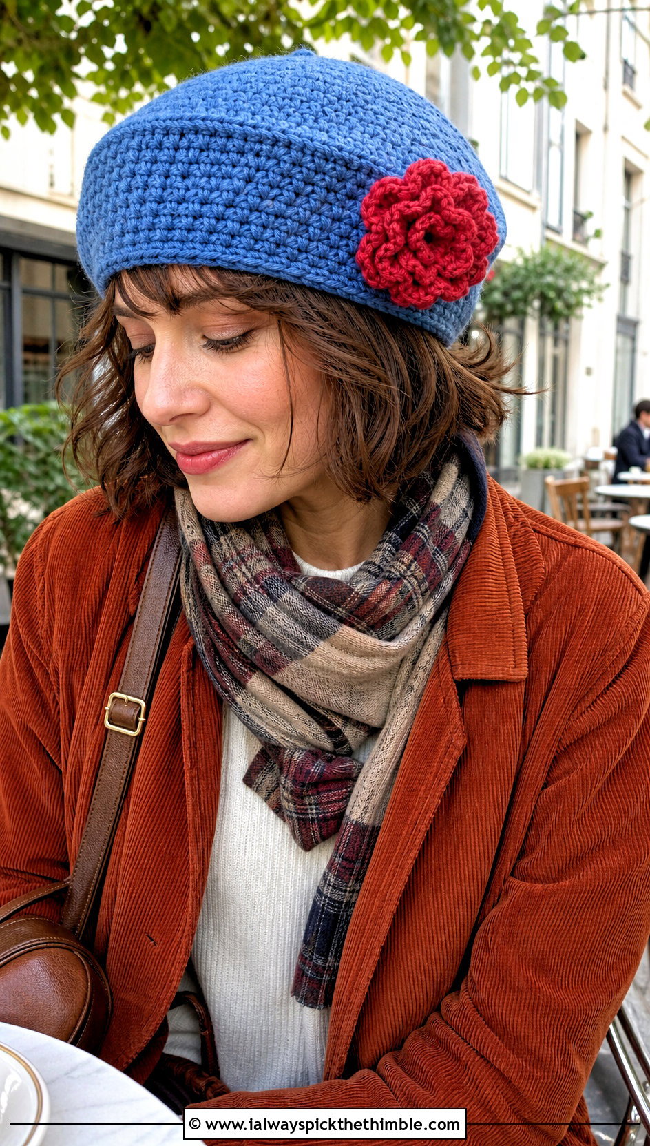 Blue Carnation Tam Hat With Corduroy Jacket - 15 Blue Crocheted Hat With Flower outfit ideas