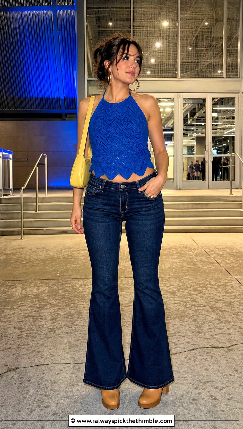 Blue Chevron Crochet Top With Dark Flared Jeans - 25 blue crochet top outfit ideas