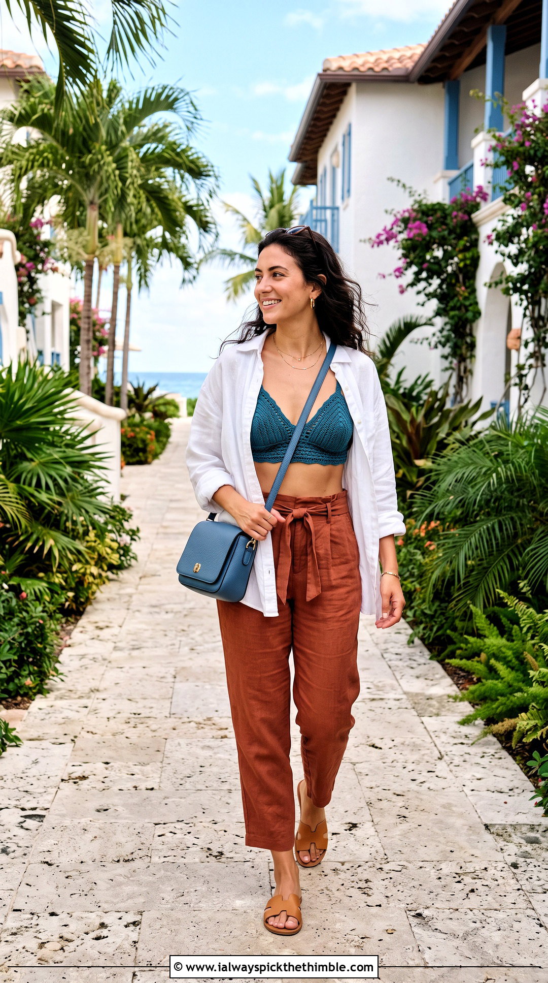 Blue Crochet Bralette Top With Oversized Linen Shirt - 25 blue crochet top outfit ideas
