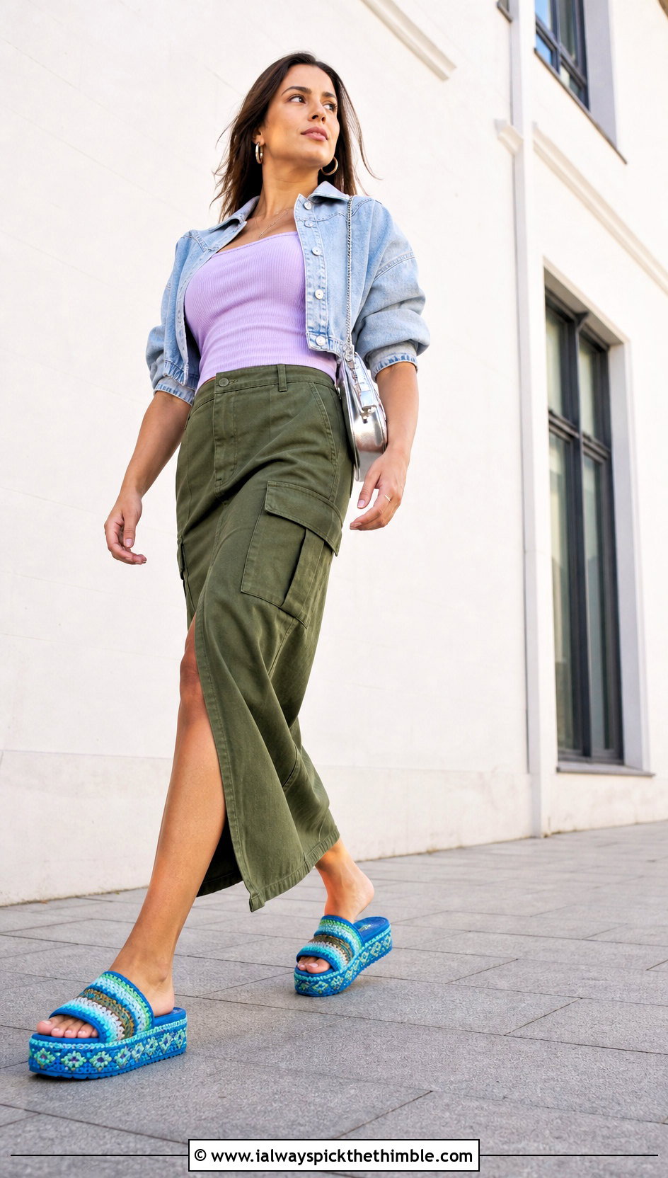 Blue Crochet Flatform Sandals With A Cargo Skirt - 15 Blue Crochet Sandals outfit ideas