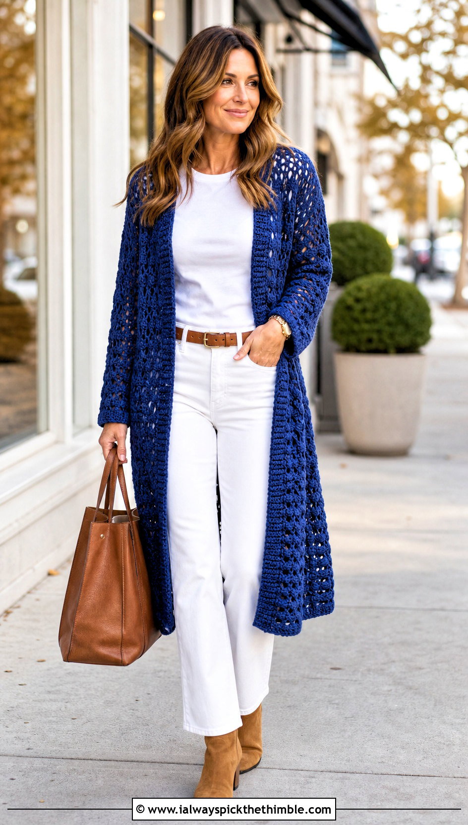 Blue Crochet Sweater Coat With Monochrome Basics - 25 blue crochet sweater outfit ideas