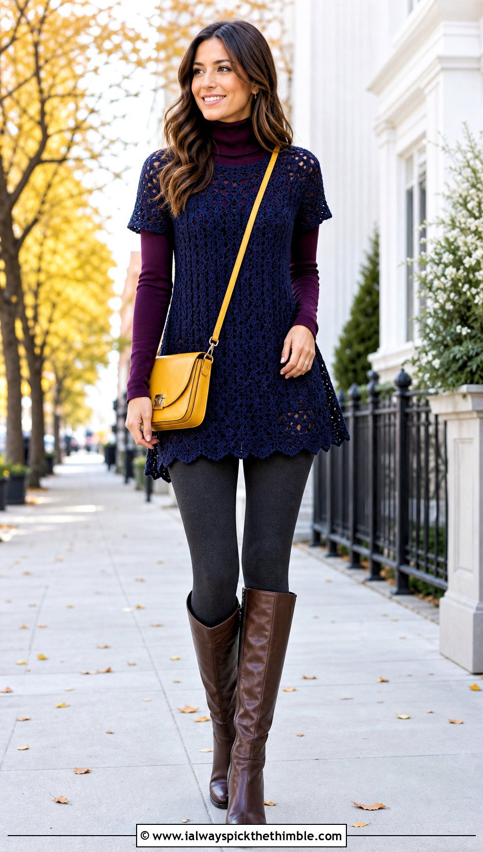 Blue Crochet Tunic Top With Leggings And Tall Boots - 25 blue crochet top outfit ideas