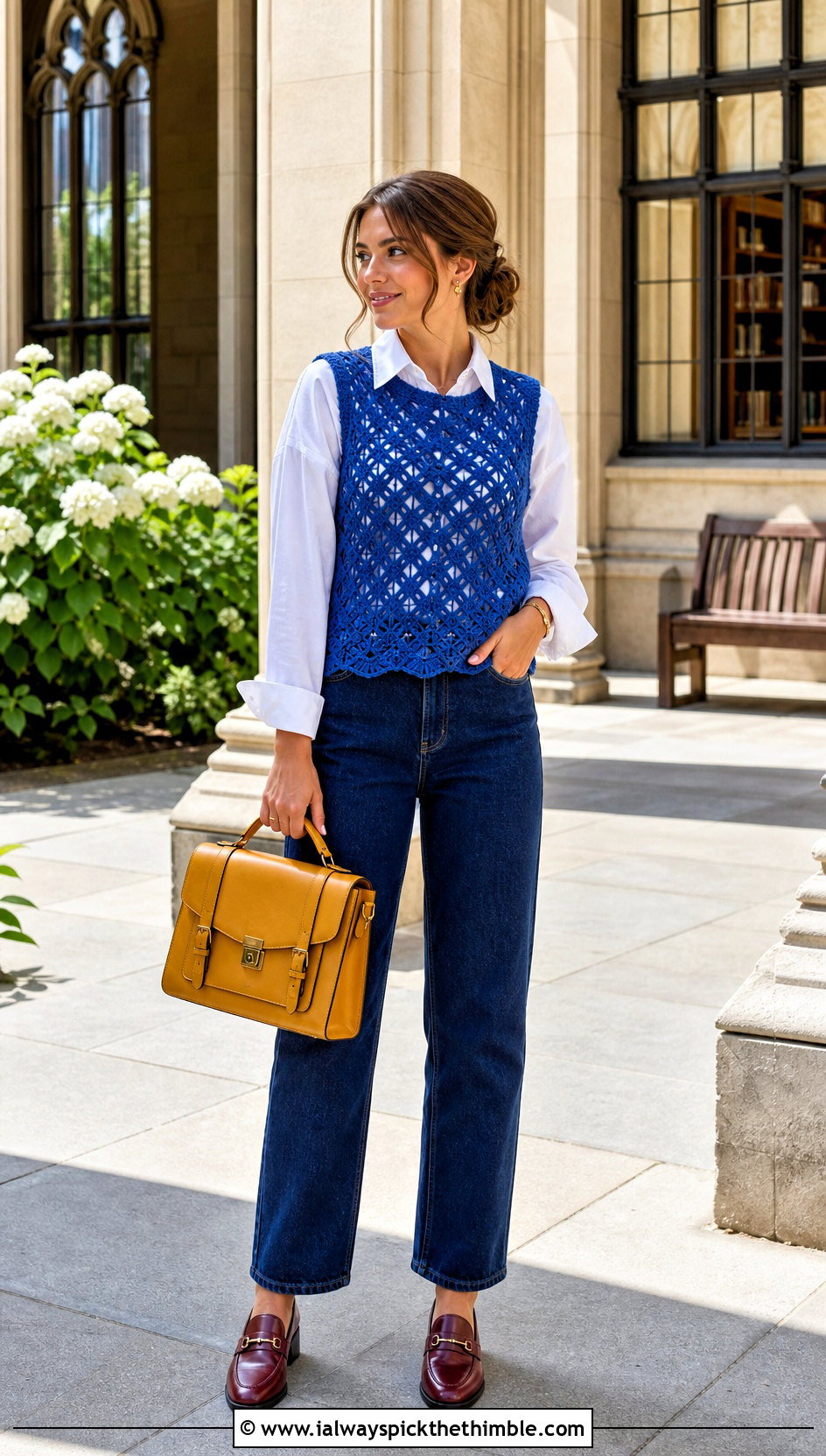 Blue Crochet Vest Top Over A White Shirt - 25 blue crochet top outfit ideas