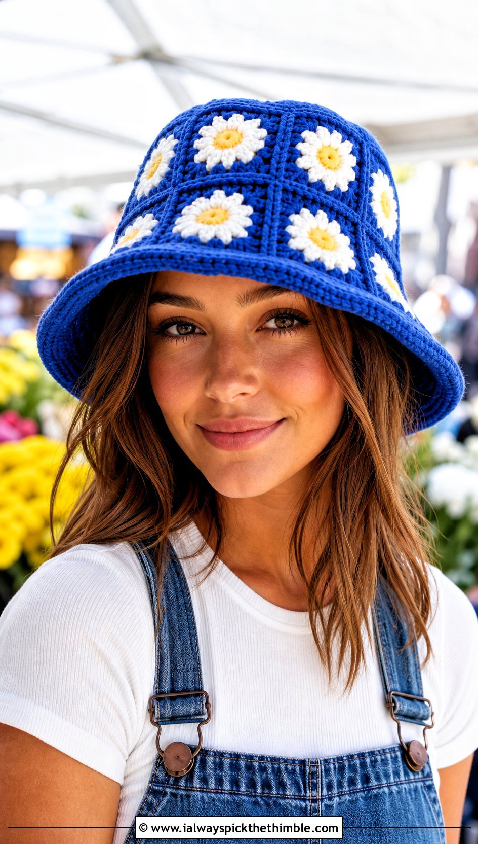 Blue Daisy Granny Square Bucket Hat With Denim Overalls - 15 Blue Crocheted Hat With Flower outfit ideas