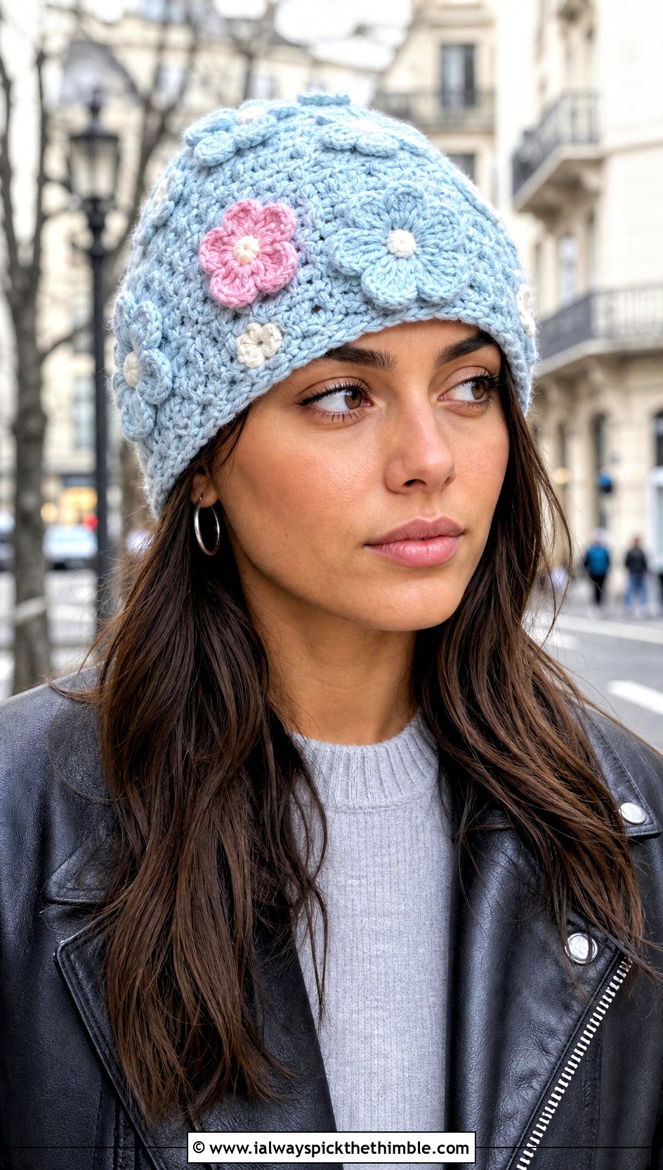 Blue Floral Applique Beanie With Leather Jacket - 15 Blue Crocheted Hat With Flower outfit ideas