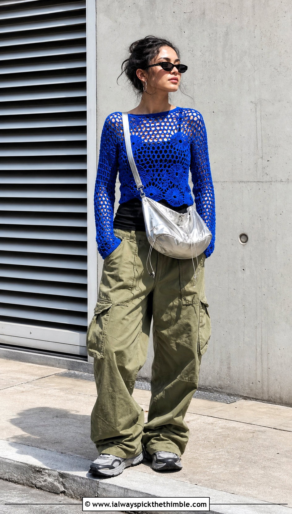 Blue Long Sleeve Mesh Crochet Top With Cargo Pants - 25 blue crochet top outfit ideas
