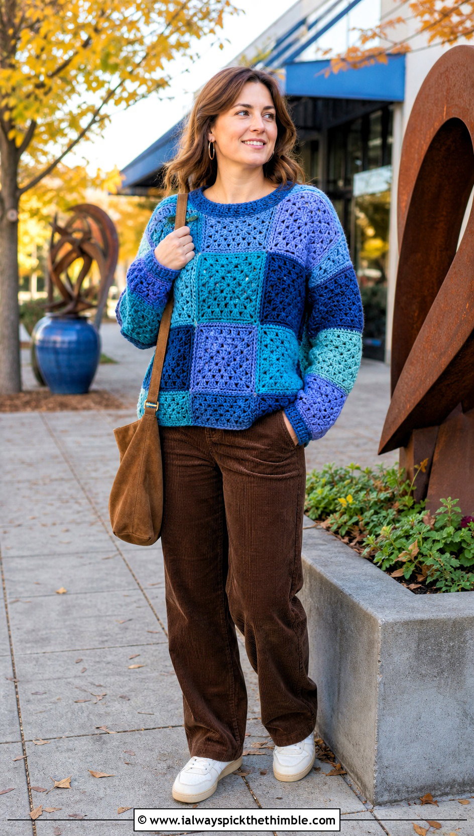 Blue Patchwork Crochet Sweater With Corduroy Pants - 25 blue crochet sweater outfit ideas