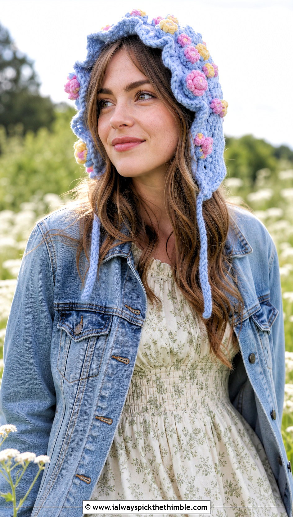 Blue Puff Flower Bonnet With Prairie Dress - 15 Blue Crocheted Hat With Flower outfit ideas