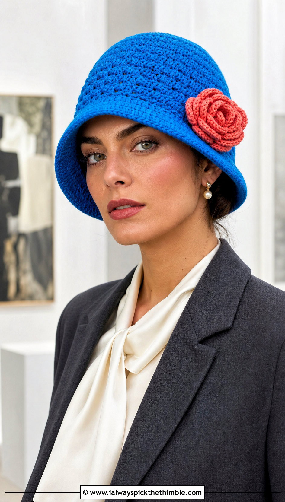 Blue Rose Cloche Hat With Tailored Trousers - 15 Blue Crocheted Hat With Flower outfit ideas