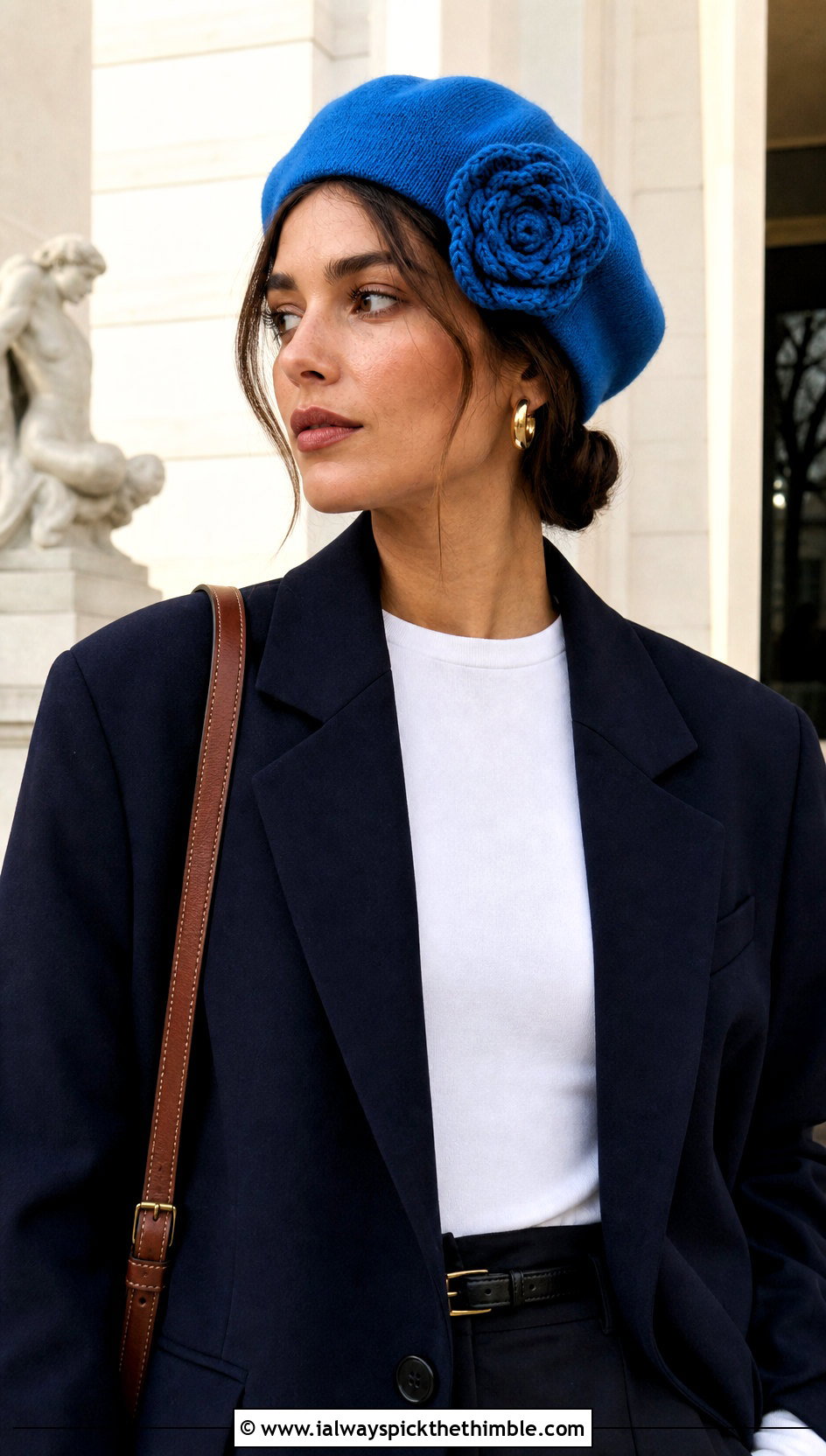 Blue Rosette Beret With Blazer And Jeans - 15 Blue Crocheted Hat With Flower outfit ideas