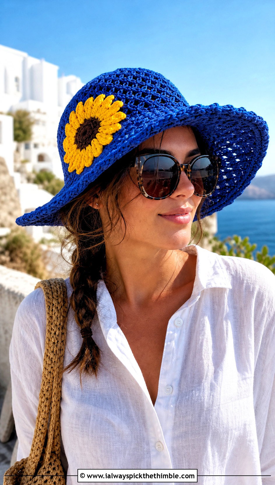 Blue Sunflower Brim Hat With White Linen Set - 15 Blue Crocheted Hat With Flower outfit ideas