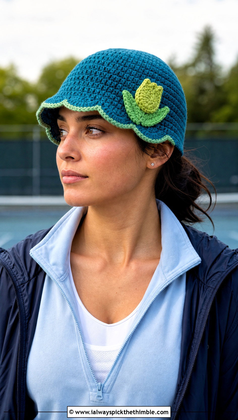 Blue Tulip Scallop Cap With Tennis Skirt - 15 Blue Crocheted Hat With Flower outfit ideas