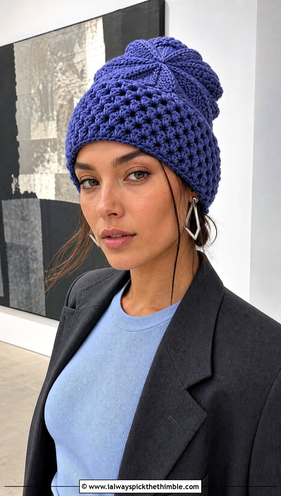 Blueberry Crochet Beanie With Monochrome Suit - 20 crochet fruit beanie outfit ideas
