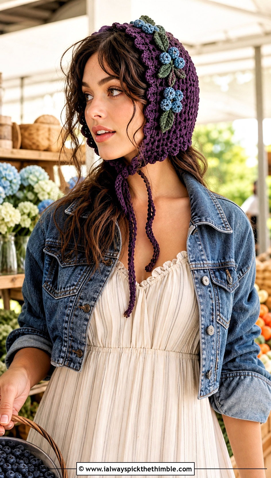 Blueberry Crochet Bonnet With Prairie Dress And Denim Jacket - 25 blueberry crochet hat outfit ideas