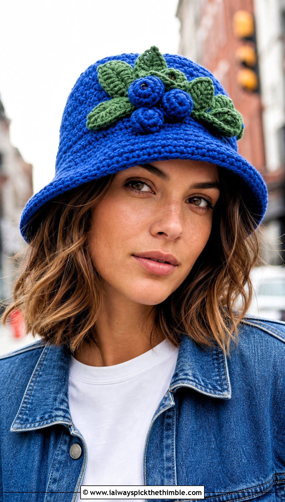 Blueberry Crochet Bucket Hat With White T Shirt And Barrel Jeans - 25 blueberry crochet hat outfit ideas
