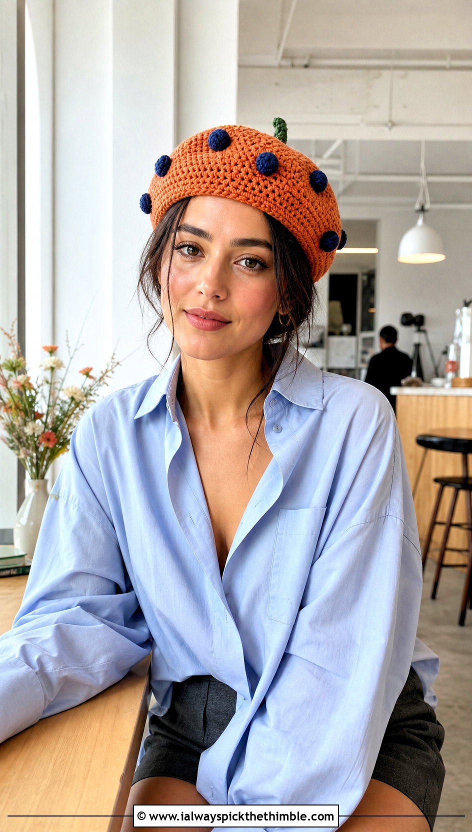 Blueberry Crochet Tam With Oversized Shirt And Tailored Shorts - 25 blueberry crochet hat outfit ideas
