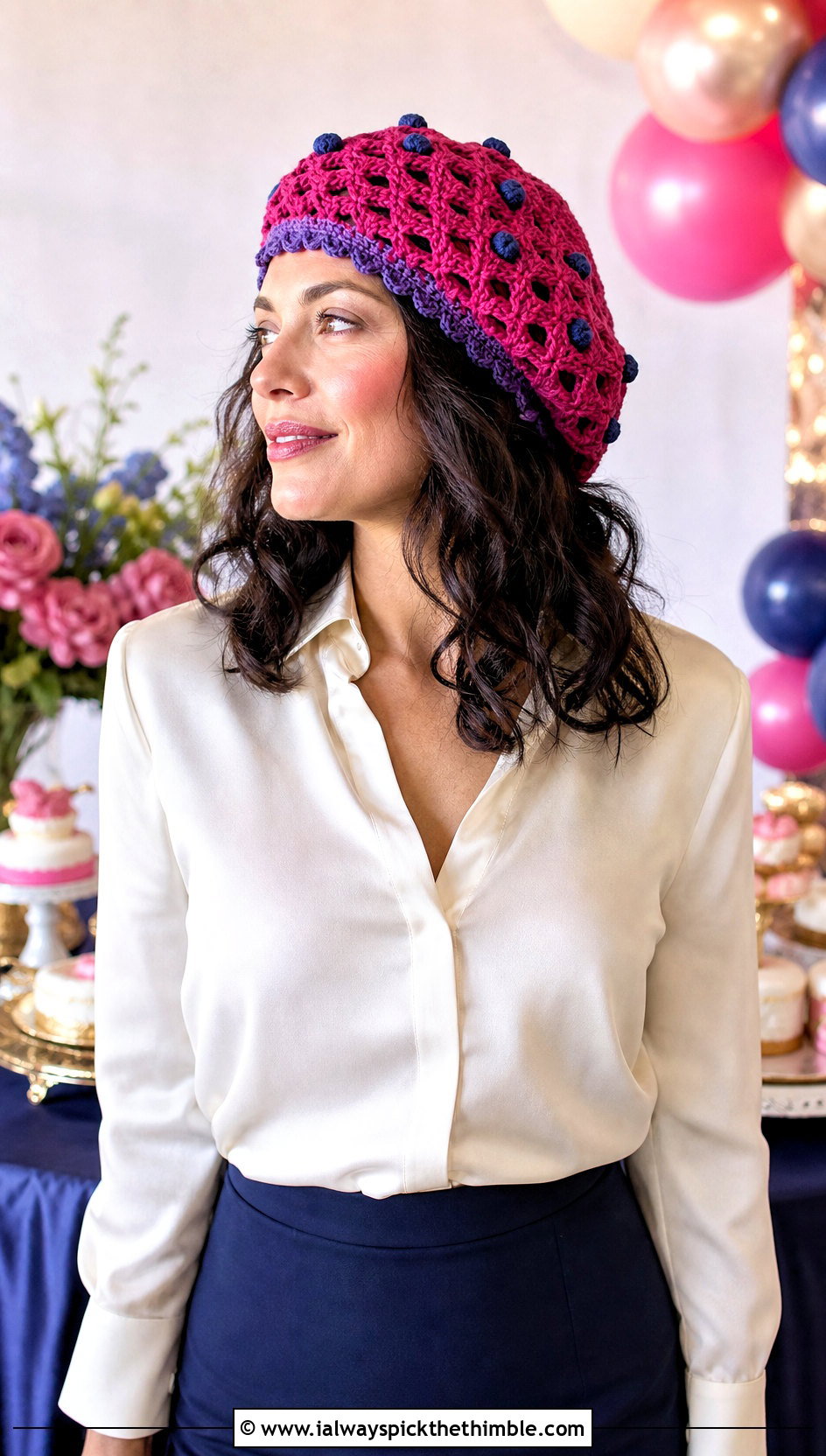 Blueberry Pie Crochet Beret With Satin Blouse And Pencil Skirt - 25 blueberry crochet hat outfit ideas