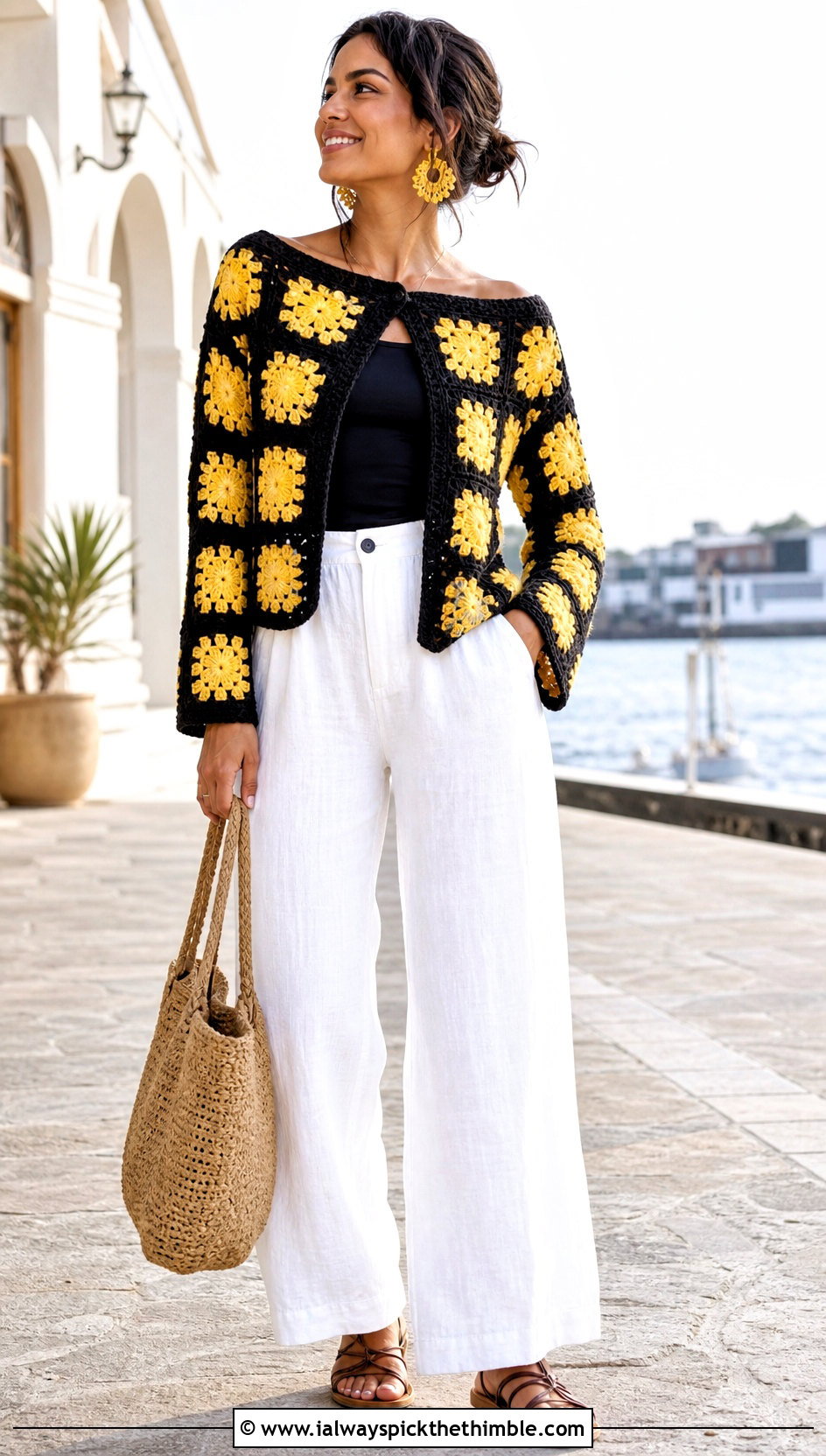 Boat Neck Black Granny Square Sweater With Linen Pants - 20 black granny square sweater outfit ideas