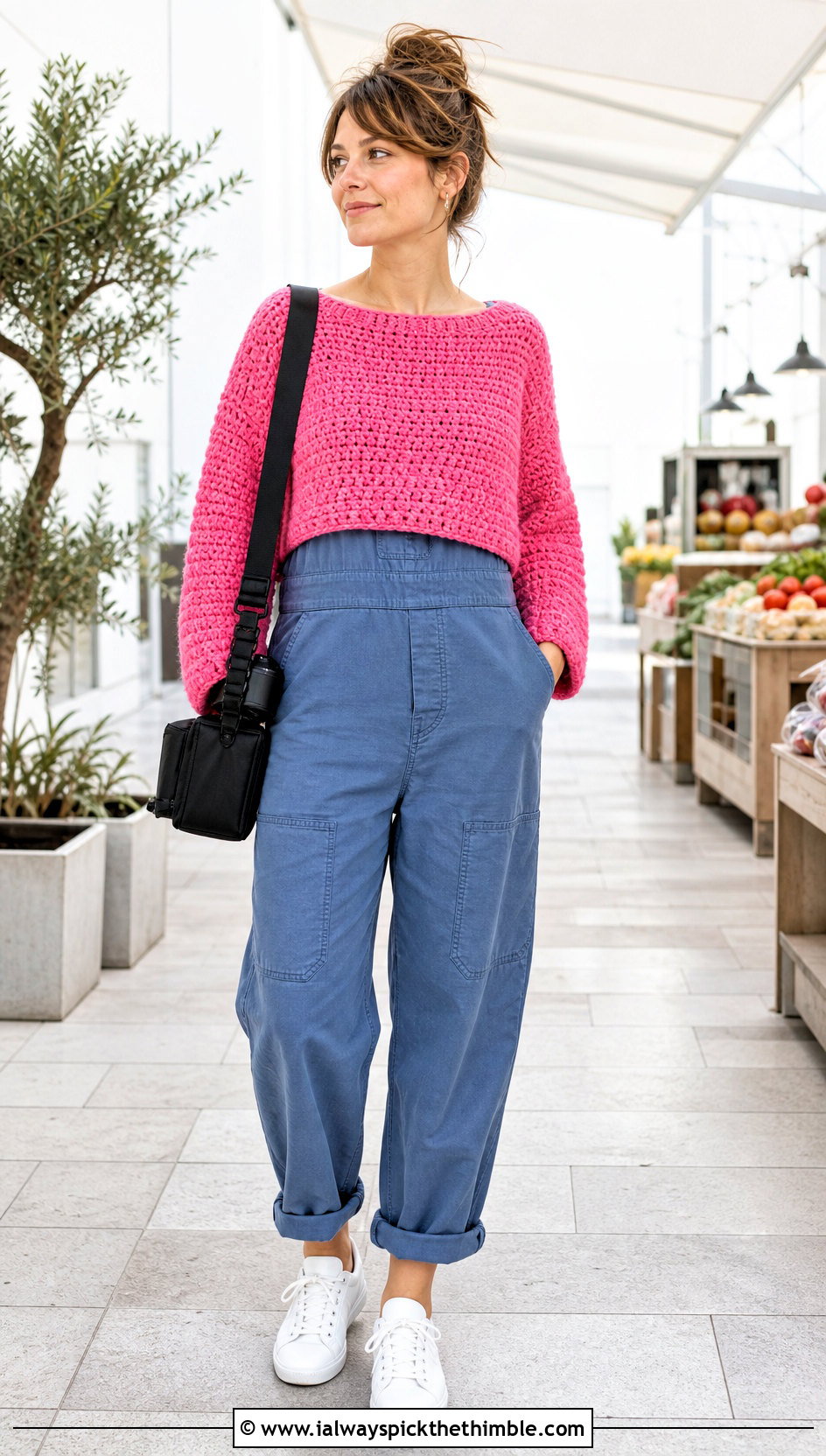 Boat Neck Chunky Crochet Sweater With Utility Jumpsuit - 20 Chunky Crochet Sweaters outfit ideas