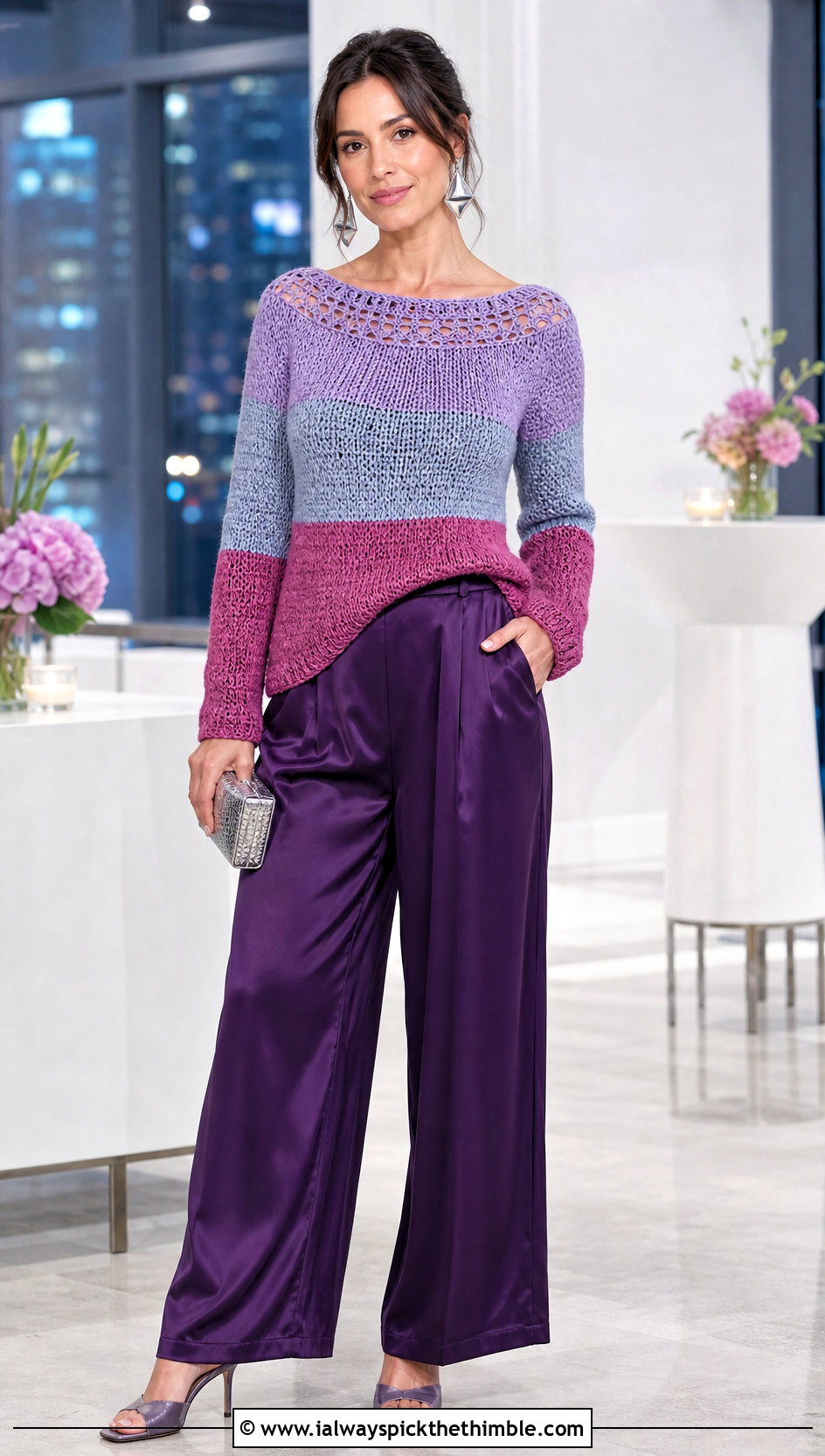 Boat Neck Color Block Crochet Sweater With Satin Pants - 20 Color Block Crochet Sweater outfit ideas