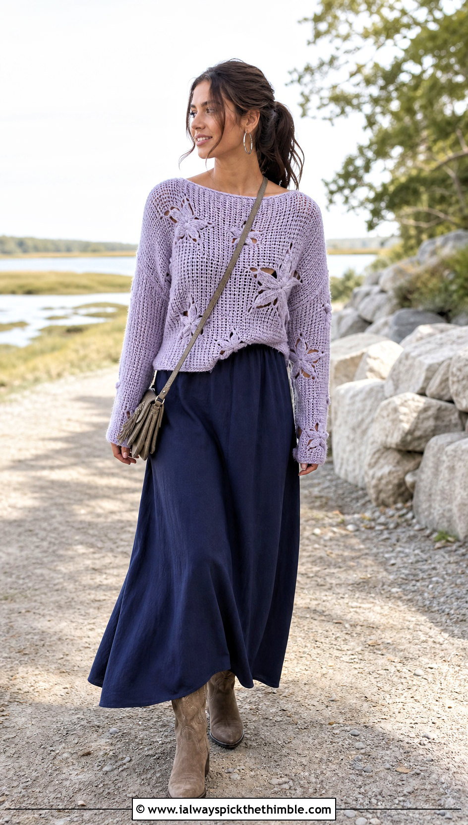 Boat Neck Coraline Star Crochet Sweater With Layered Maxi Dress - 20 coraline crochet sweater outfit ideas
