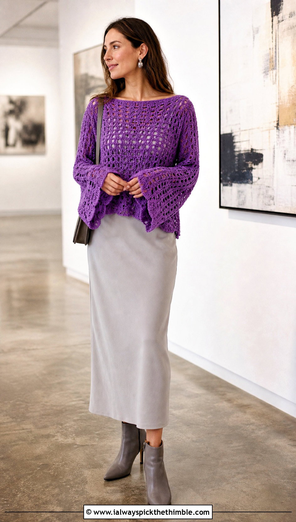 Boat Neck Crochet Bell Sleeve Top Over A Column Dress - 20 crochet top with bell sleeves outfit ideas