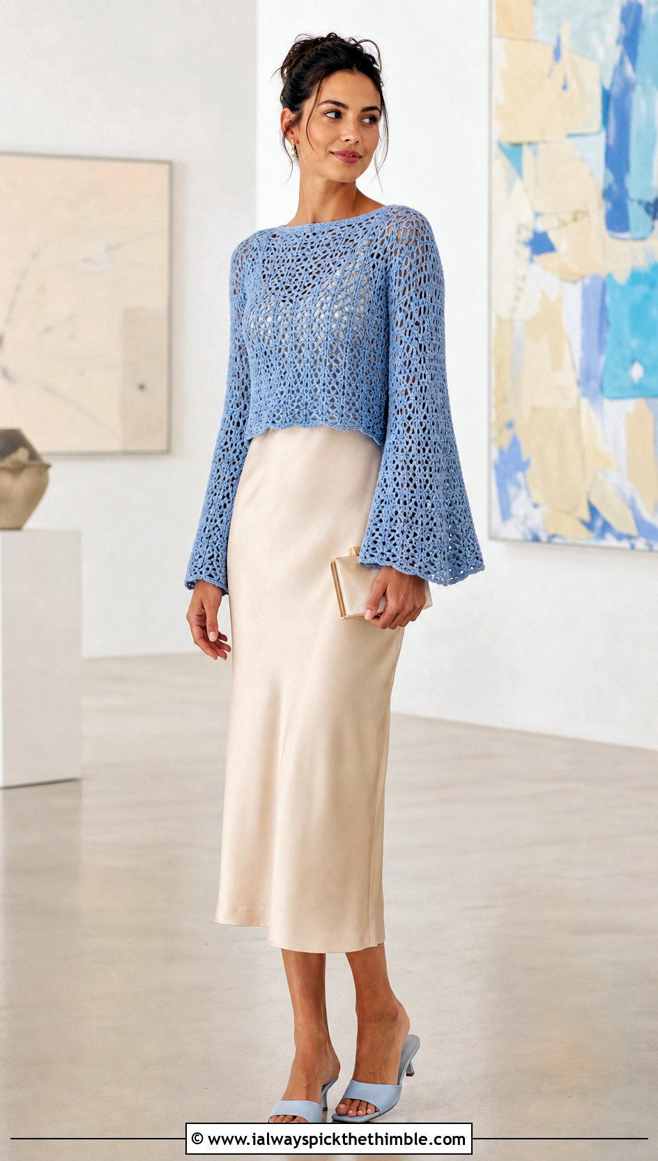 Boat Neck Crochet Bell Sleeve Top Over A Slip Dress - 15 crochet bell sleeve top outfit ideas