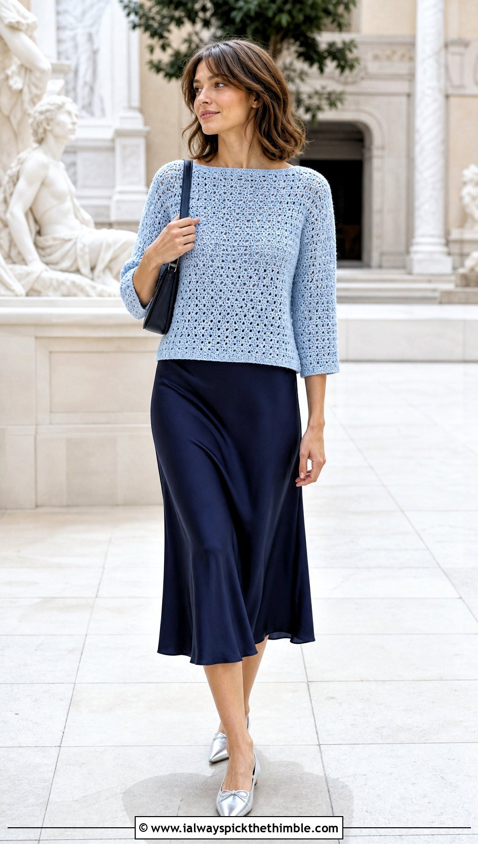 Boat Neck Crochet Boxy Sweater With Bias Cut Midi Skirt - 20 Crochet Boxy Sweater outfit ideas