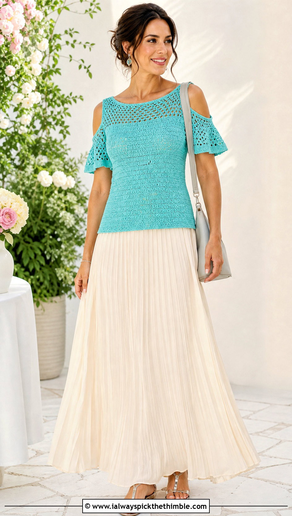 Boat Neck Crochet Cold Shoulder Top With Pleated Maxi Skirt - 25 crochet cold shoulder top outfit ideas