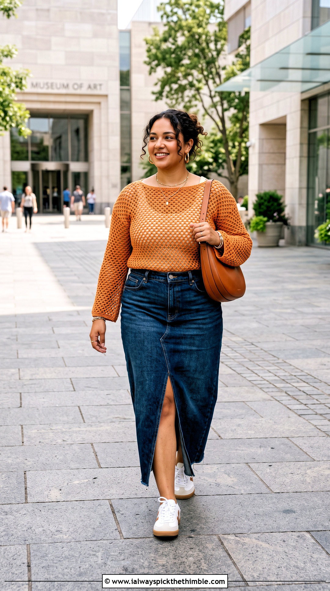 Boat Neck Crochet Fishnet Sweater With a Denim Maxi Skirt - 20 Crochet Fishnet Sweater outfit ideas