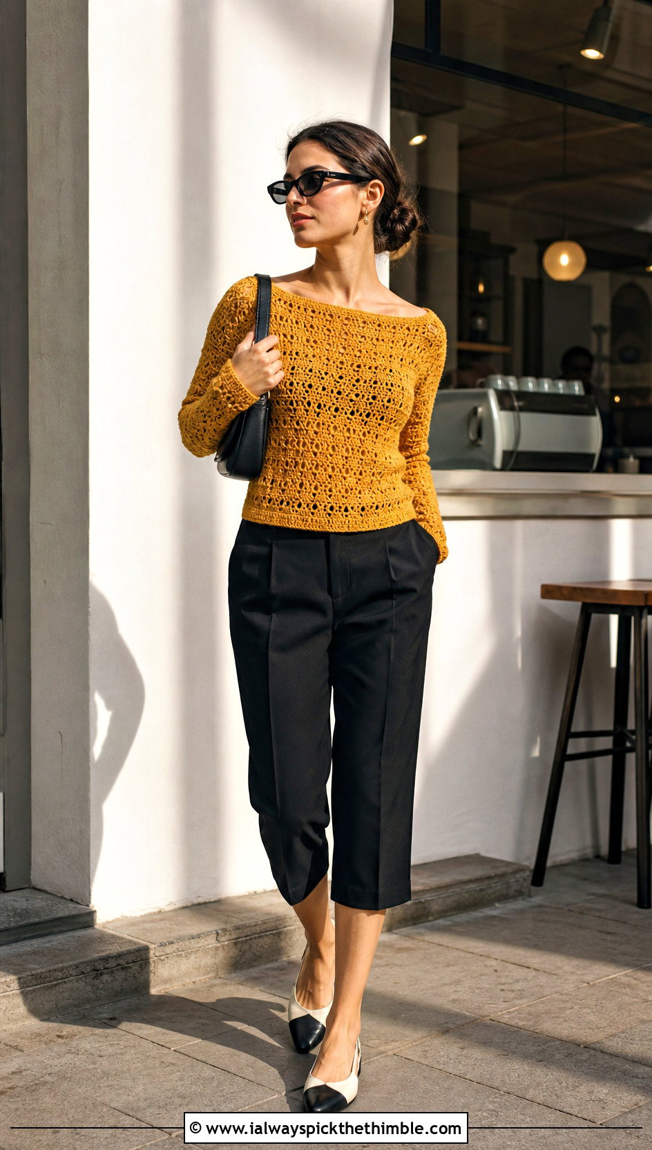 Boat Neck Crochet Full Sleeve Top With Capri Pants - 25 crochet full sleeve top outfit ideas