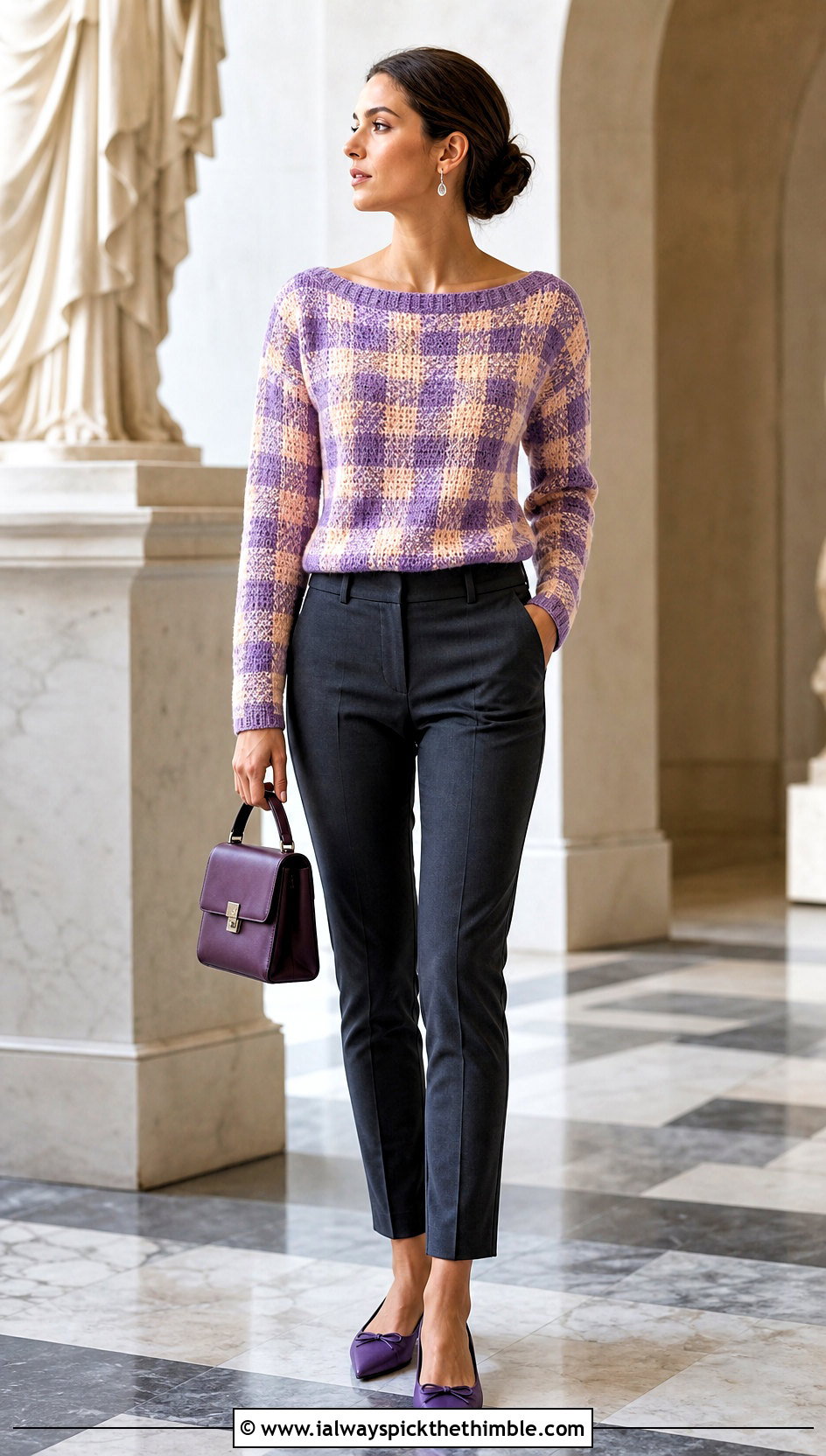 Boat Neck Crochet Gingham Sweater With Cigarette Pants - 20 Crochet Gingham Sweater outfit ideas