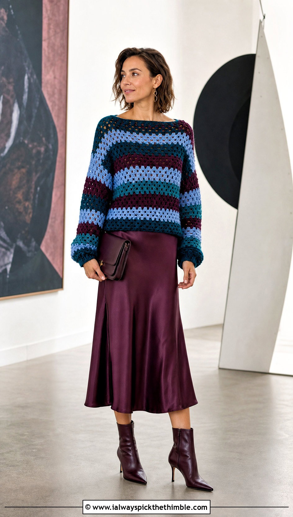Boat Neck Crochet Granny Stripe Sweater With Satin Midi Skirt - 20 Crochet Granny Stripe Sweater outfit ideas