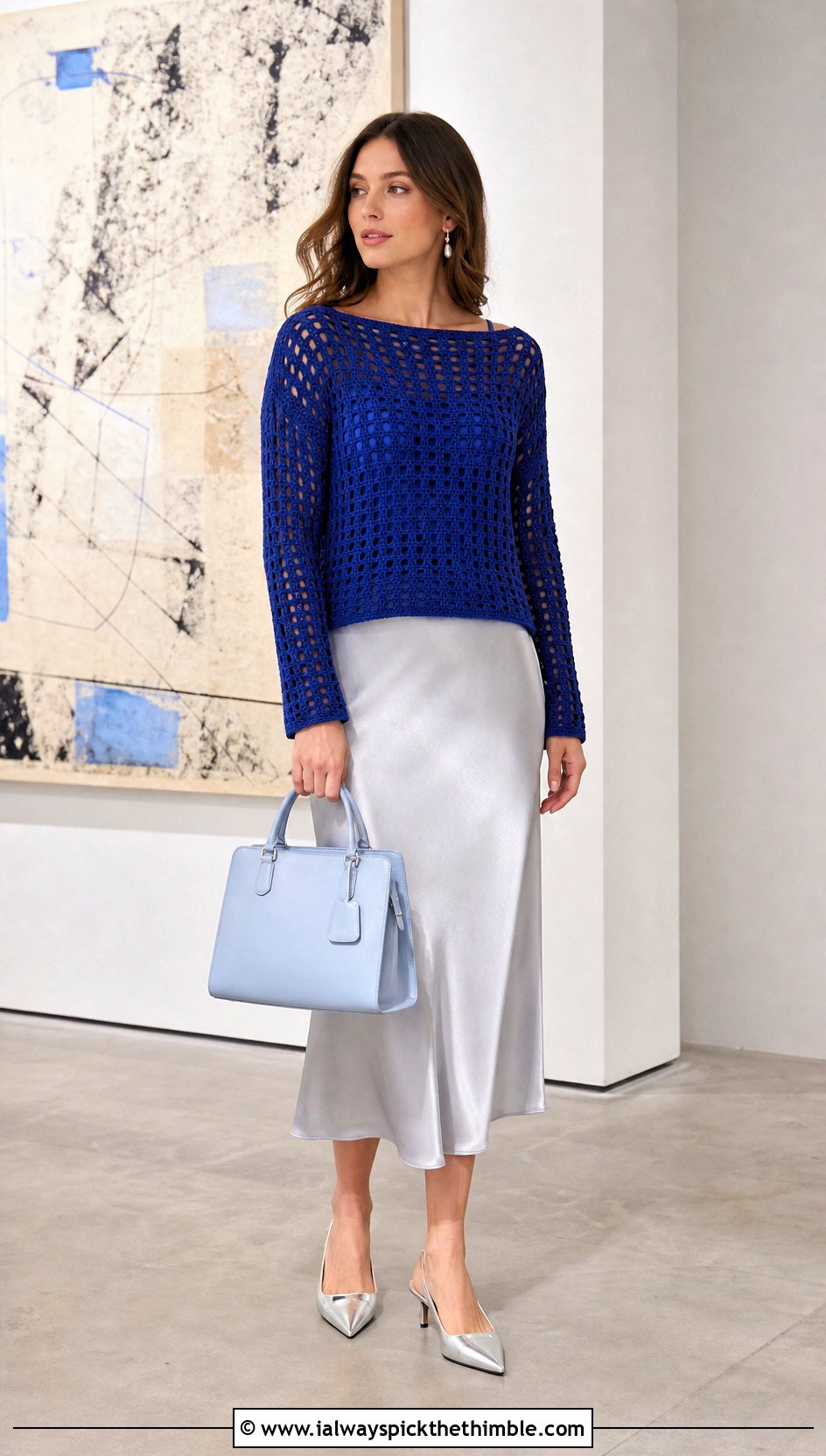 Boat Neck Crochet Grid Sweater With Satin Midi Skirt - 20 crochet grid sweater outfit ideas