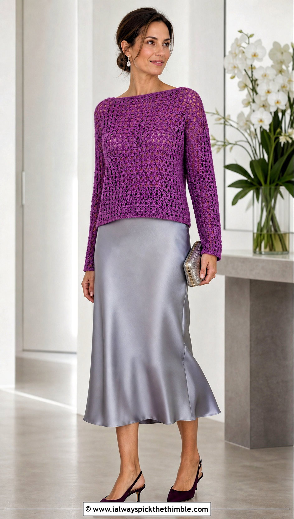 Boat Neck Crochet Jumper With Satin Slip Skirt - 25 easy crochet jumper outfit ideas
