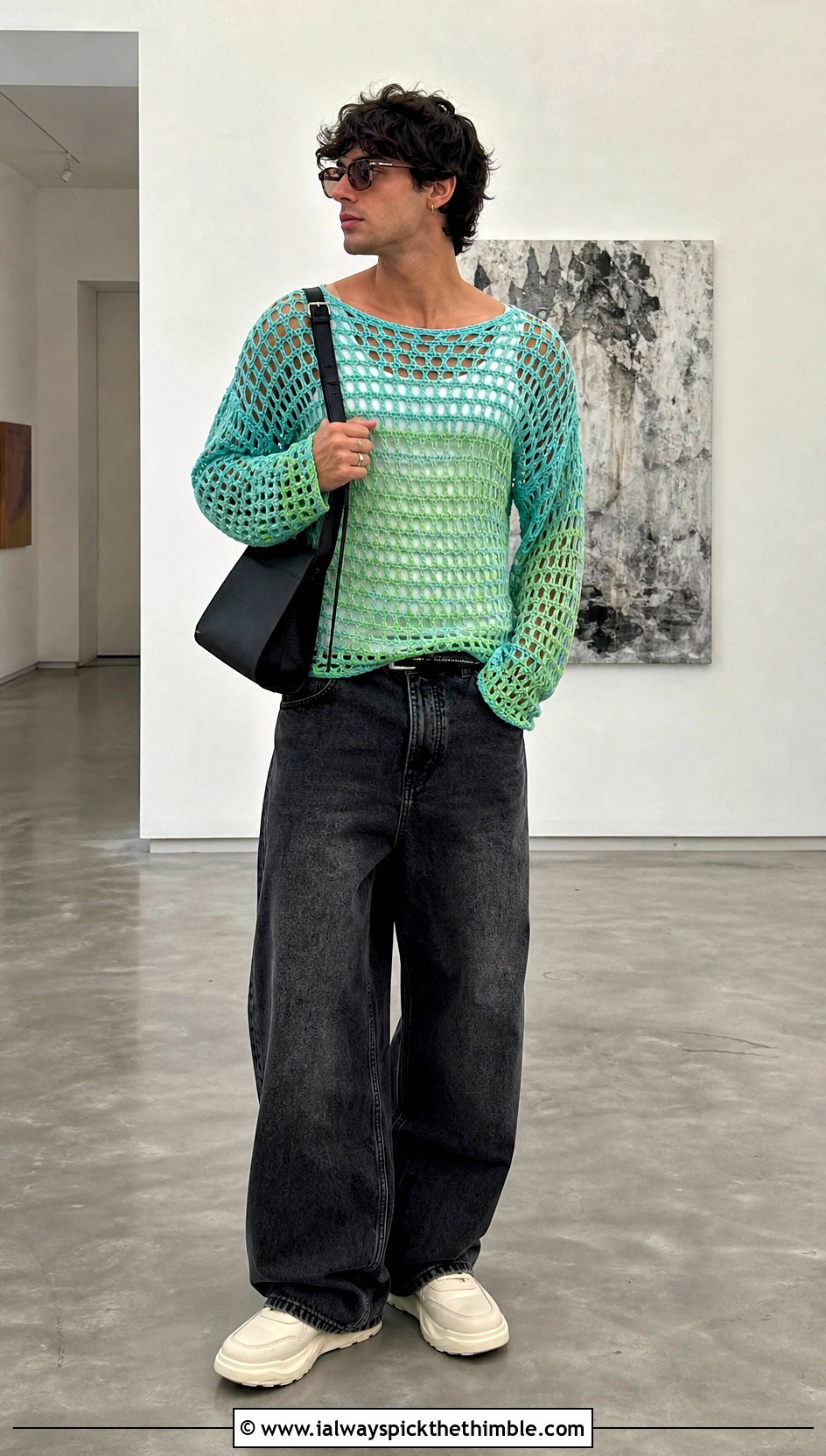 Boat Neck Crochet Jumper With Wide Leg Jeans - 25 men crochet jumper outfit ideas