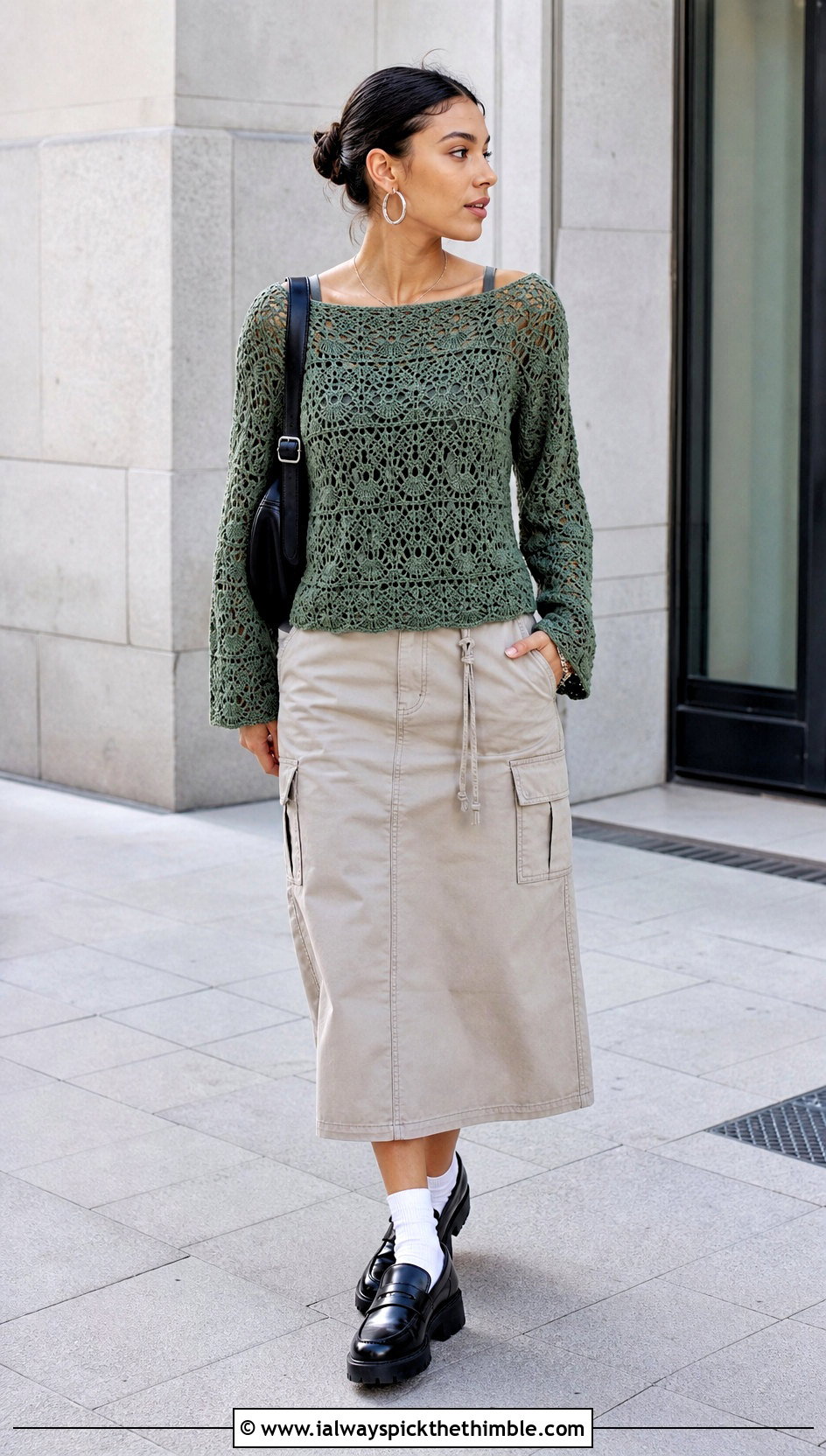 Boat Neck Crochet Lace Blouse With Utility Skirt - 25 crochet lace blouse outfit ideas