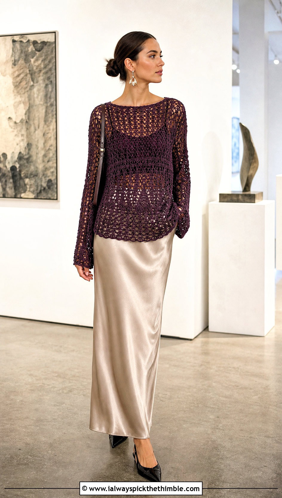 Boat Neck Crochet Lace Sweater With Satin Column Skirt - 25 crochet lace sweater outfit ideas